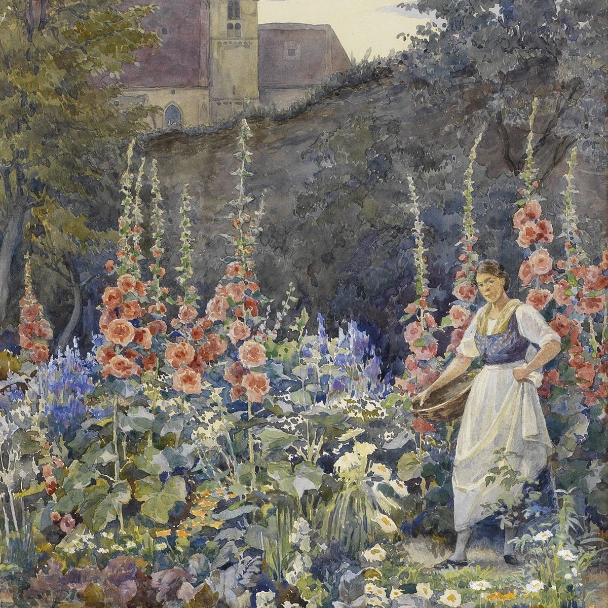 Landscape Oil Painting - Garden, Hollyhocks, Woman & Background Church - Oil Painting Haven