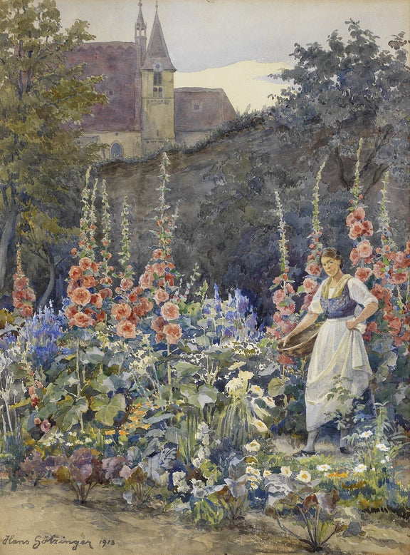 Landscape Oil Painting - Garden, Hollyhocks, Woman & Background Church - Oil Painting Haven