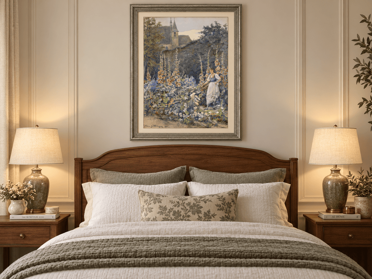 Pintura al óleo de paisaje - Jardín, malvas reales, mujer y fondo