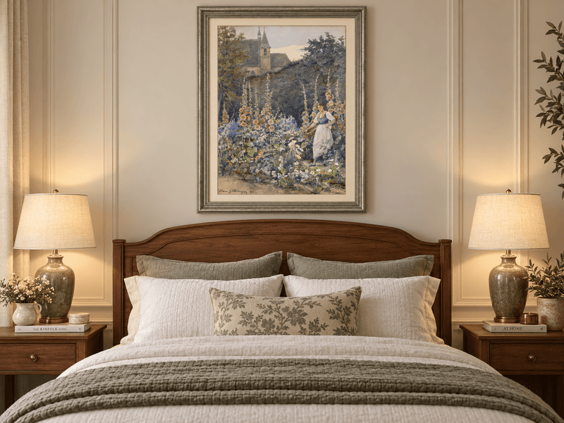 Pintura al óleo de paisaje - Jardín, malvas reales, mujer y fondo