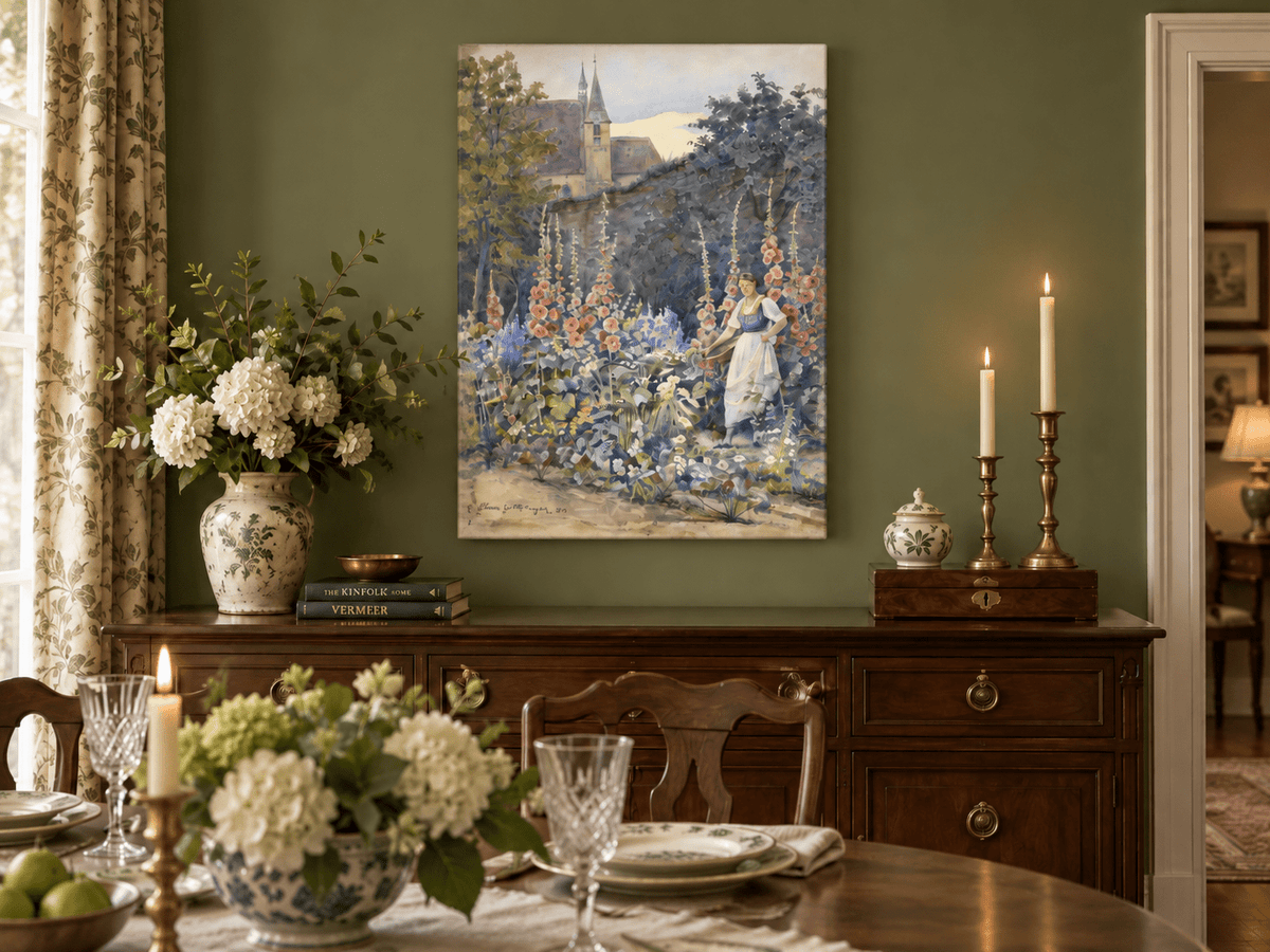Pintura al óleo de paisaje - Jardín, malvas reales, mujer y fondo