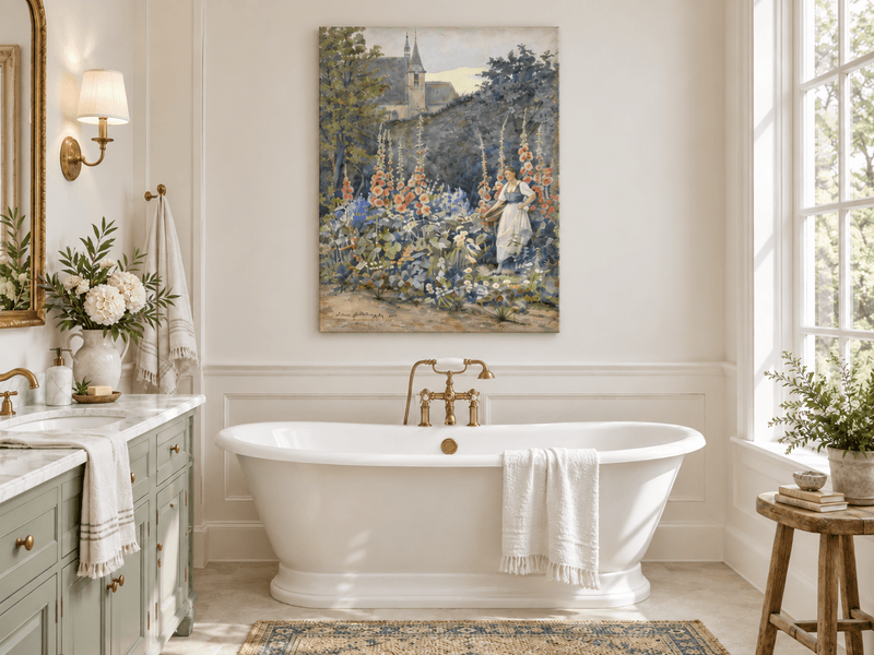 Pintura al óleo de paisaje - Jardín, malvas reales, mujer y fondo