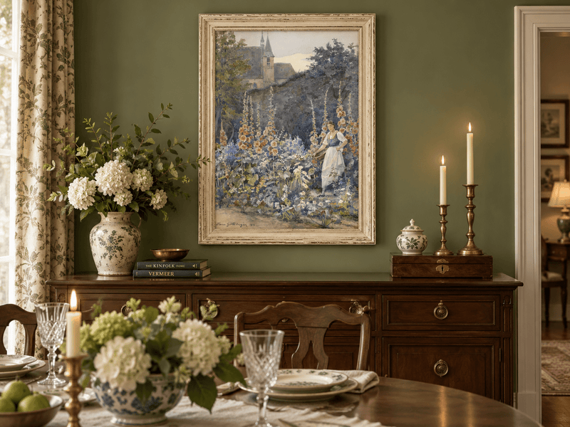 Pintura al óleo de paisaje - Jardín, malvas reales, mujer y fondo