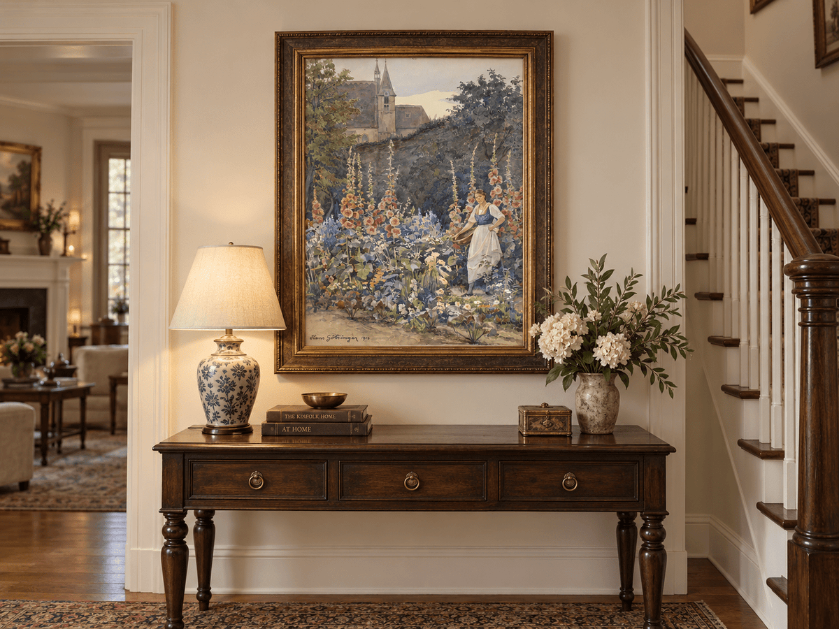 Pintura al óleo de paisaje - Jardín, malvas reales, mujer y fondo