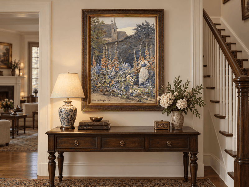 Pintura al óleo de paisaje - Jardín, malvas reales, mujer y fondo