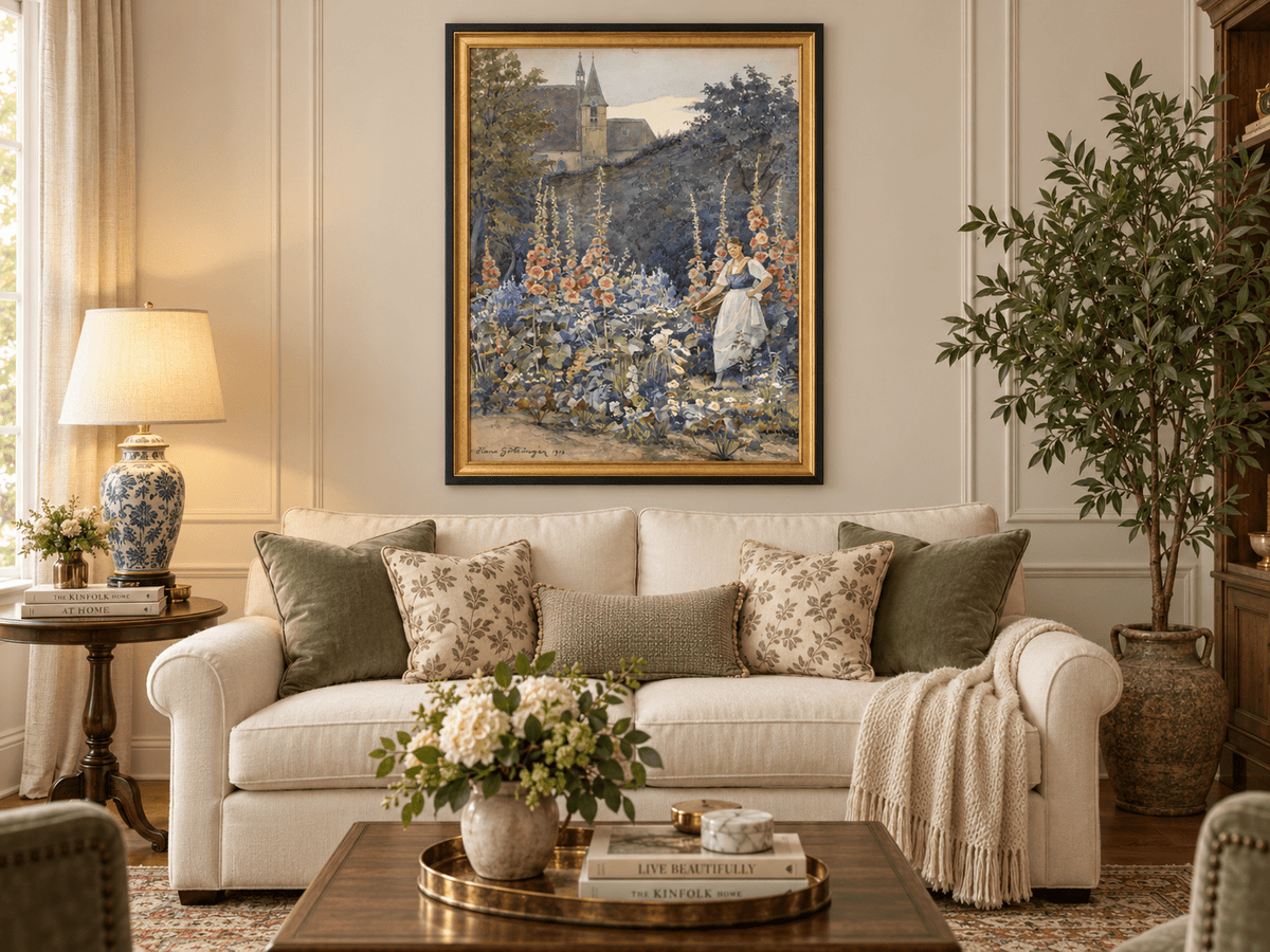 Pintura al óleo de paisaje - Jardín, malvas reales, mujer y fondo