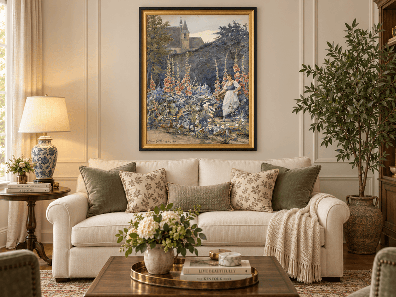 Pintura al óleo de paisaje - Jardín, malvas reales, mujer y fondo