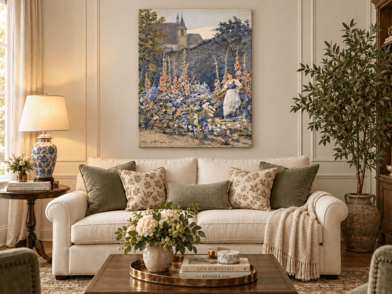 Pintura al óleo de paisaje - Jardín, malvas reales, mujer y fondo