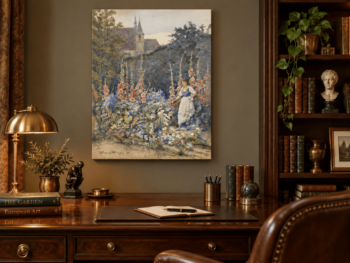 Pintura al óleo de paisaje - Jardín, malvas reales, mujer y fondo