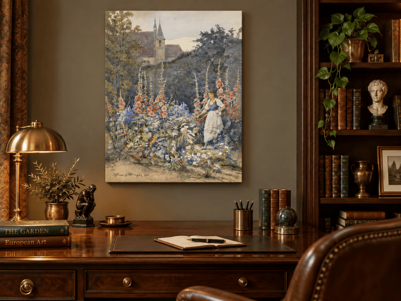 Pintura al óleo de paisaje - Jardín, malvas reales, mujer y fondo