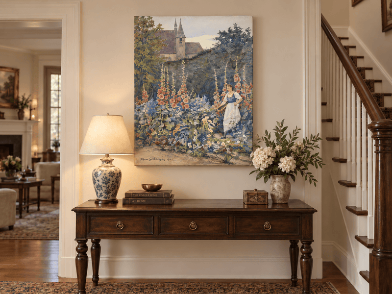 Pintura al óleo de paisaje - Jardín, malvas reales, mujer y fondo