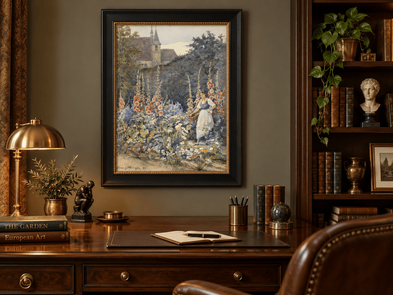 Pintura al óleo de paisaje - Jardín, malvas reales, mujer y fondo