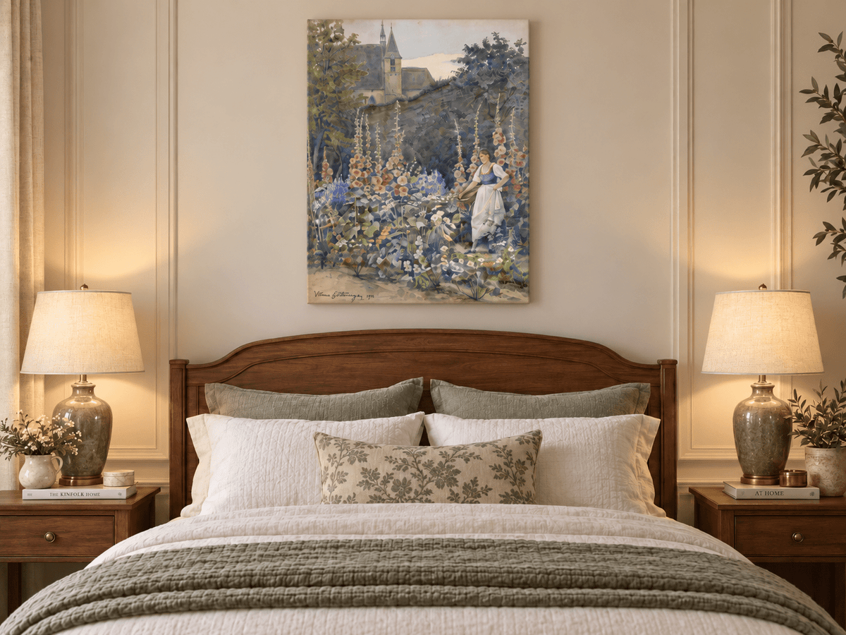 Pintura al óleo de paisaje - Jardín, malvas reales, mujer y fondo