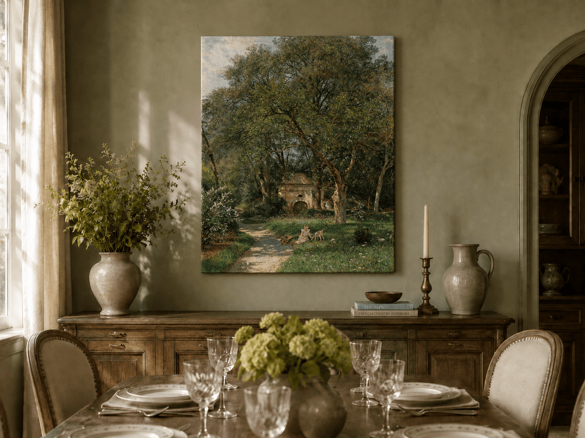 Landscape Oil Painting - Garden Path, Old Gate and Spring Meadow