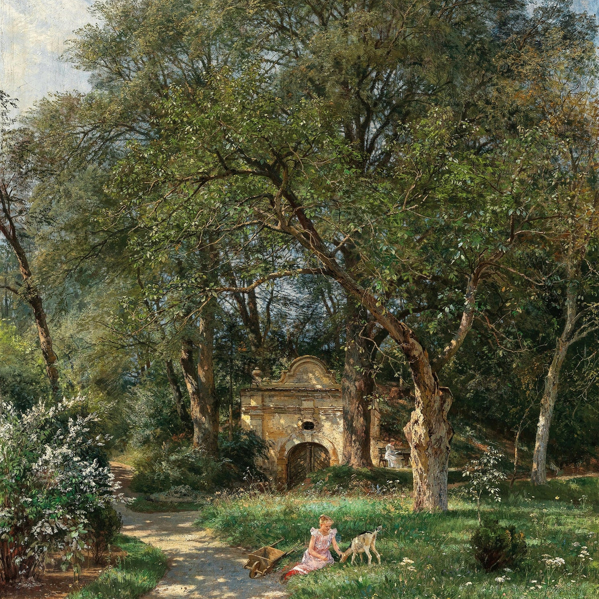 Hand-painted garden path, old gate and spring meadow landscape oil painting on canvas