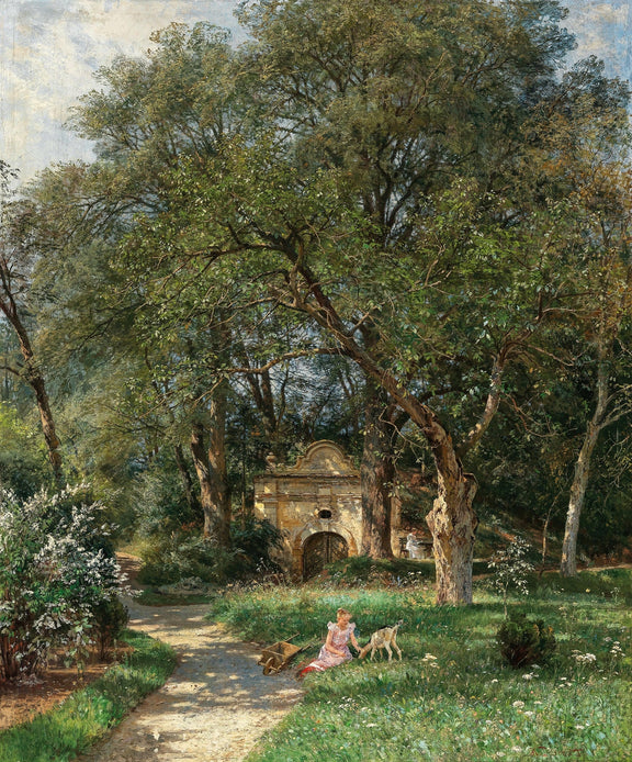 Hand-painted garden path, old gate and spring meadow landscape oil painting on canvas