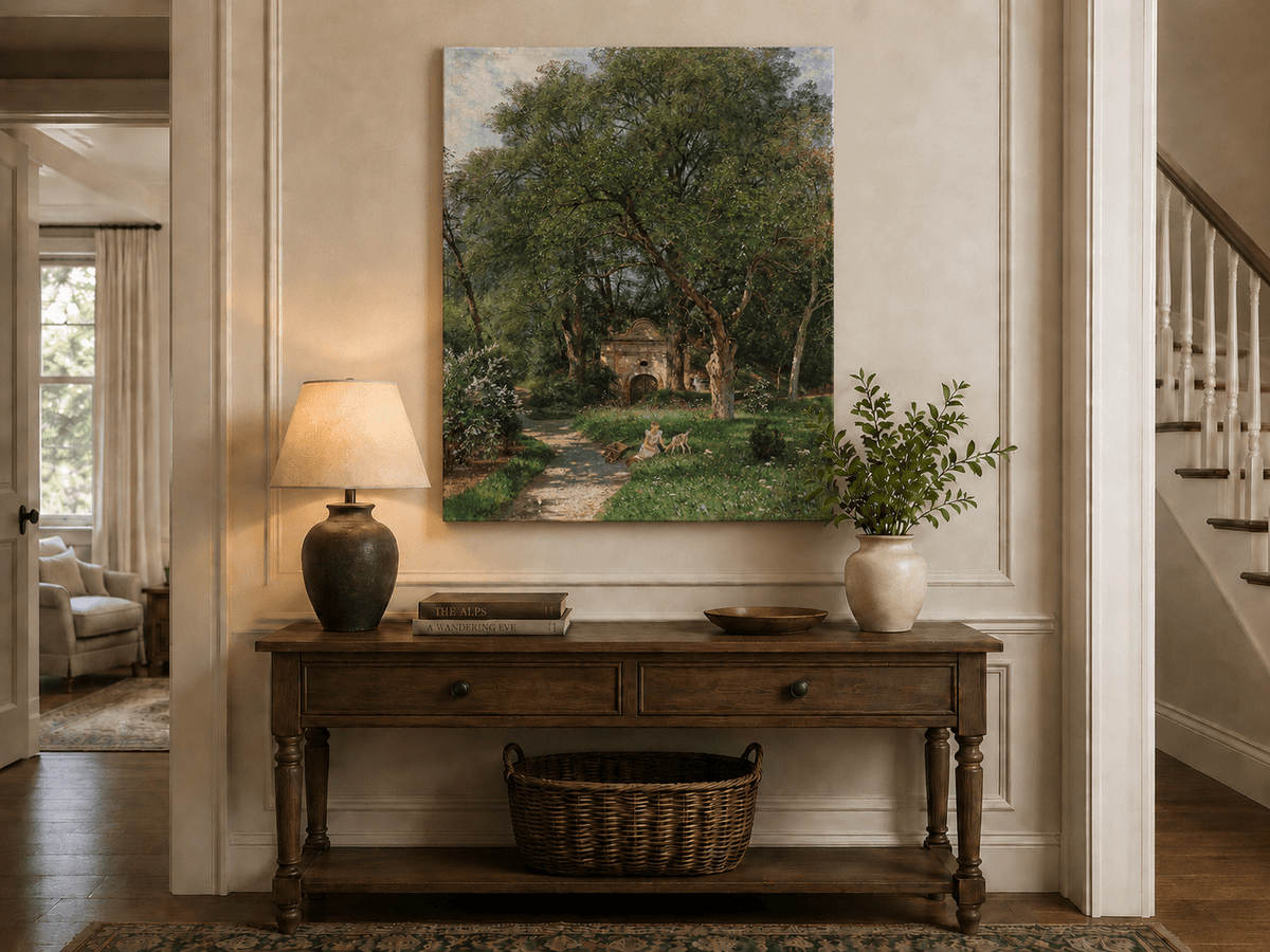 Landscape Oil Painting - Garden Path, Old Gate and Spring Meadow
