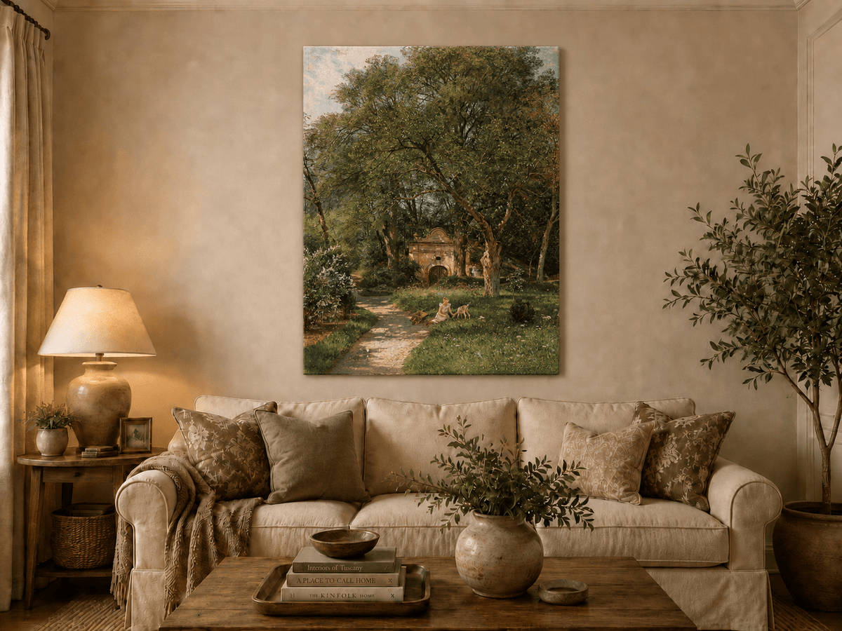 Landscape Oil Painting - Garden Path, Old Gate and Spring Meadow