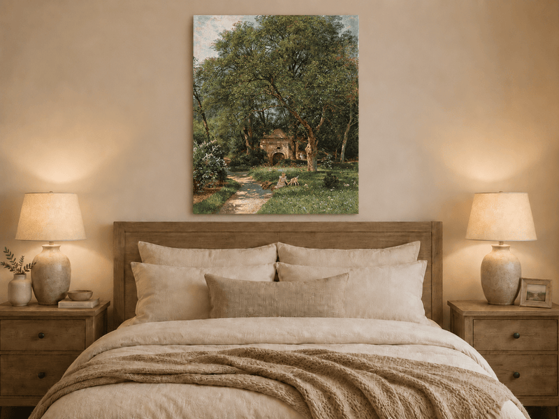 Landscape Oil Painting - Garden Path, Old Gate and Spring Meadow