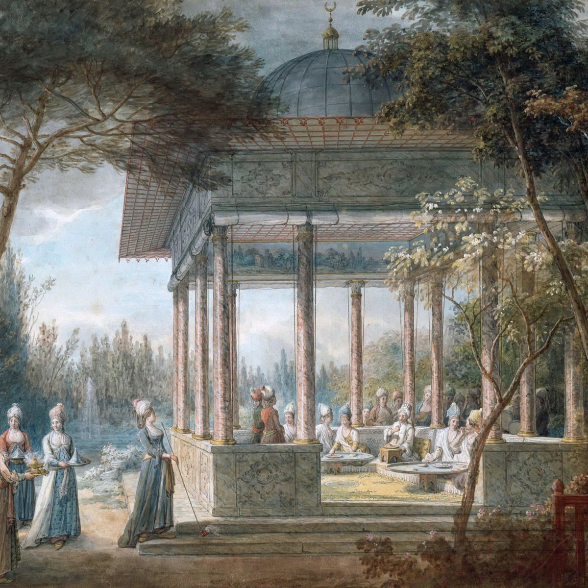 Landscape Oil Painting - Garden Pavilion Scene with Figures - Oil Painting Haven