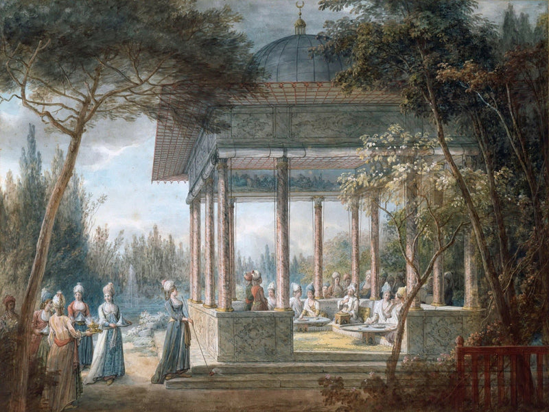 Landscape Oil Painting - Garden Pavilion Scene with Figures - Oil Painting Haven