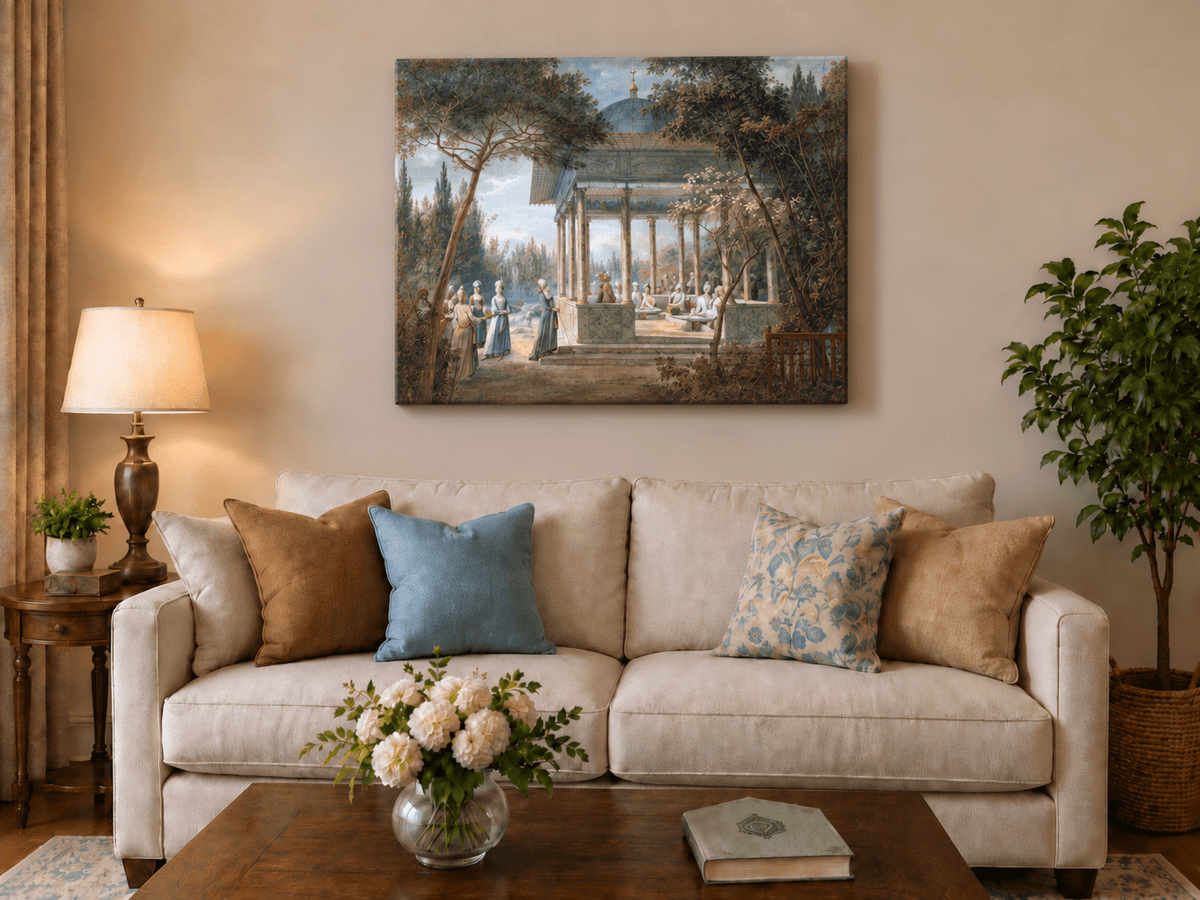 Landscape Oil Painting - Garden Pavilion Scene with Figures