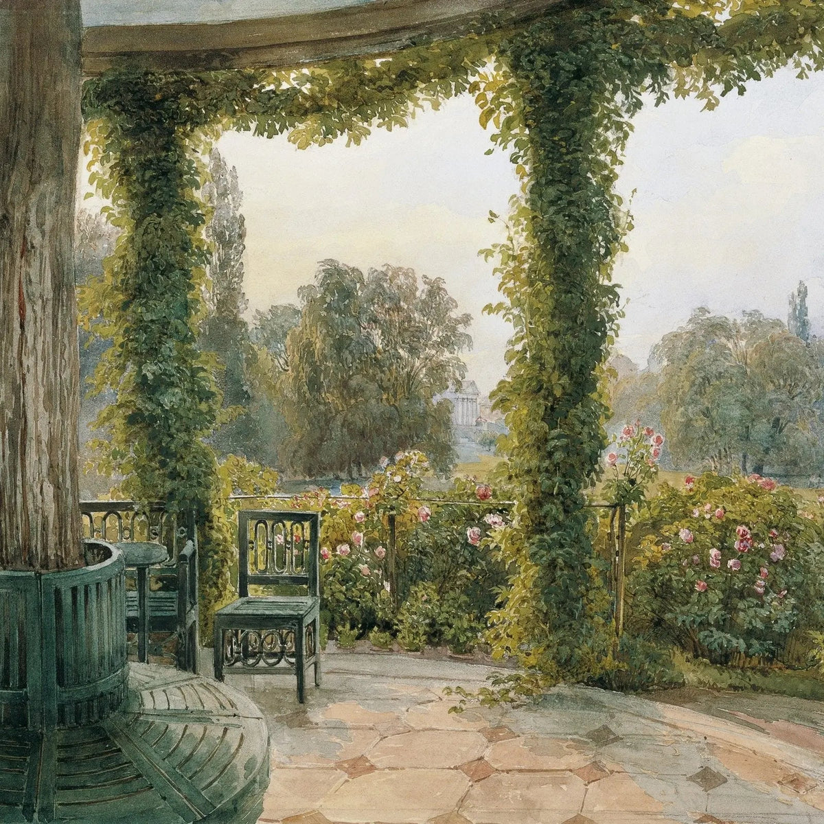 Landscape Oil Painting - Garden Pavilion with Flowers & Views - Oil Painting Haven