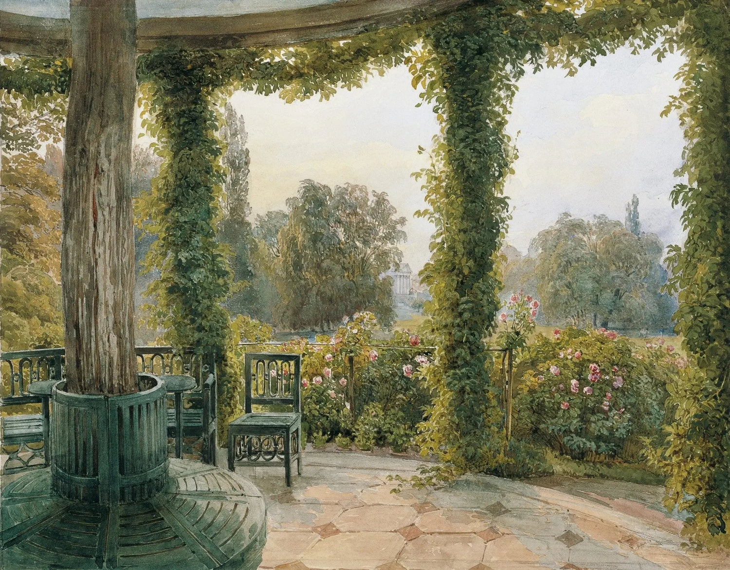 Landscape Oil Painting - Garden Pavilion with Flowers & Views - Oil Painting Haven