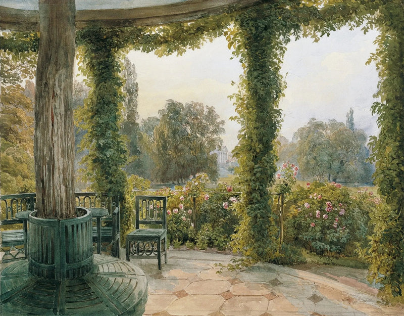 Landscape Oil Painting - Garden Pavilion with Flowers & Views - Oil Painting Haven