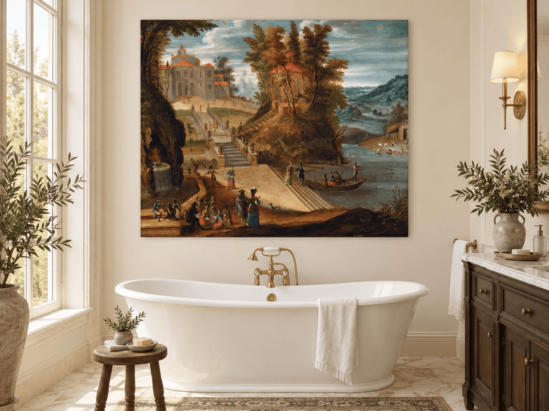Landscape Oil Painting - Garden Scene with Figures and Pavilion