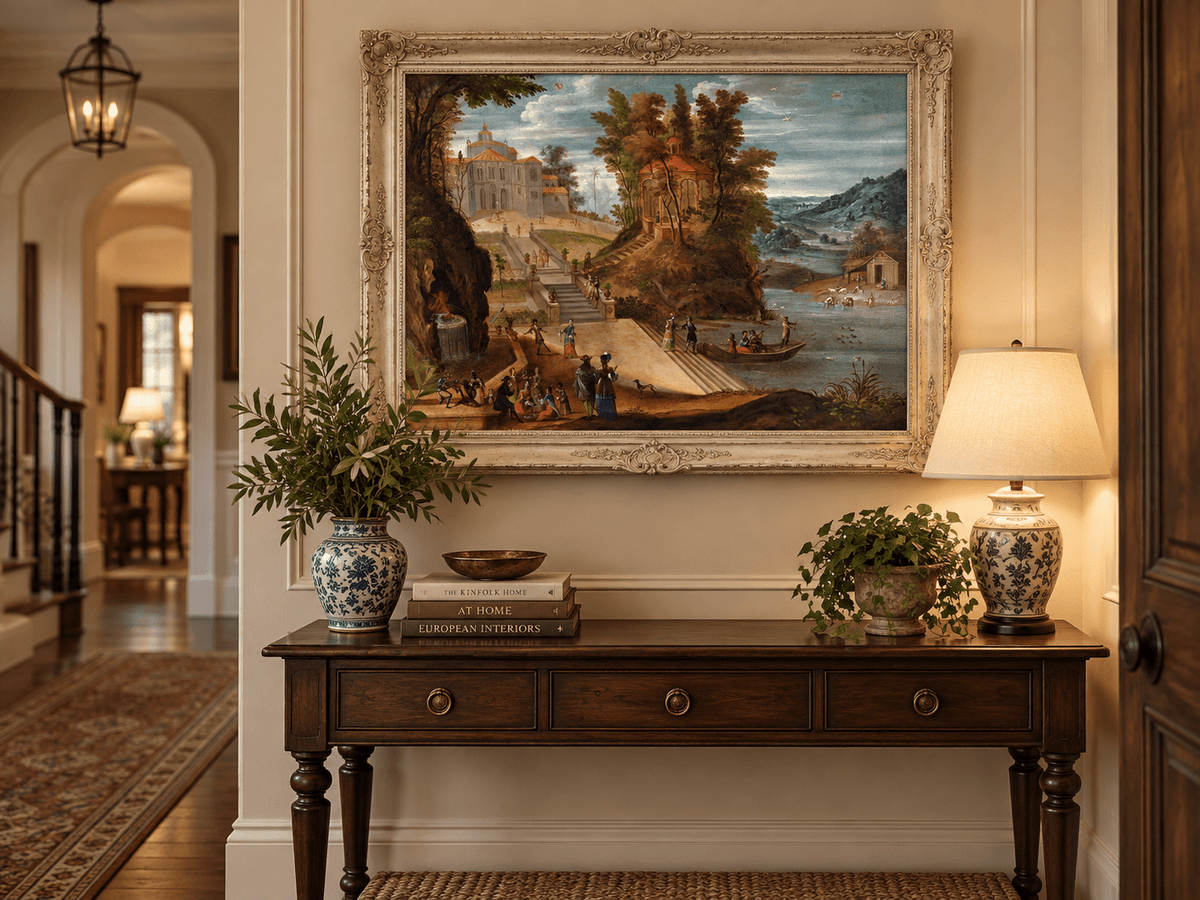 Landscape Oil Painting - Garden Scene with Figures and Pavilion