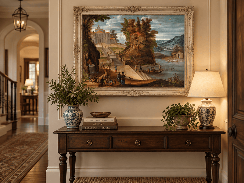 Landscape Oil Painting - Garden Scene with Figures and Pavilion