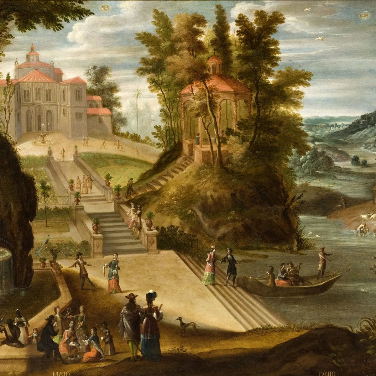 Landscape Oil Painting - Garden Scene with Figures and Pavilion - Oil Painting Haven