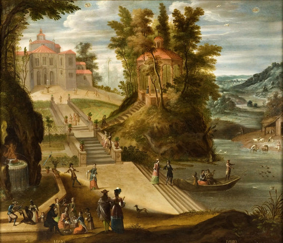 Landscape Oil Painting - Garden Scene with Figures and Pavilion - Oil Painting Haven