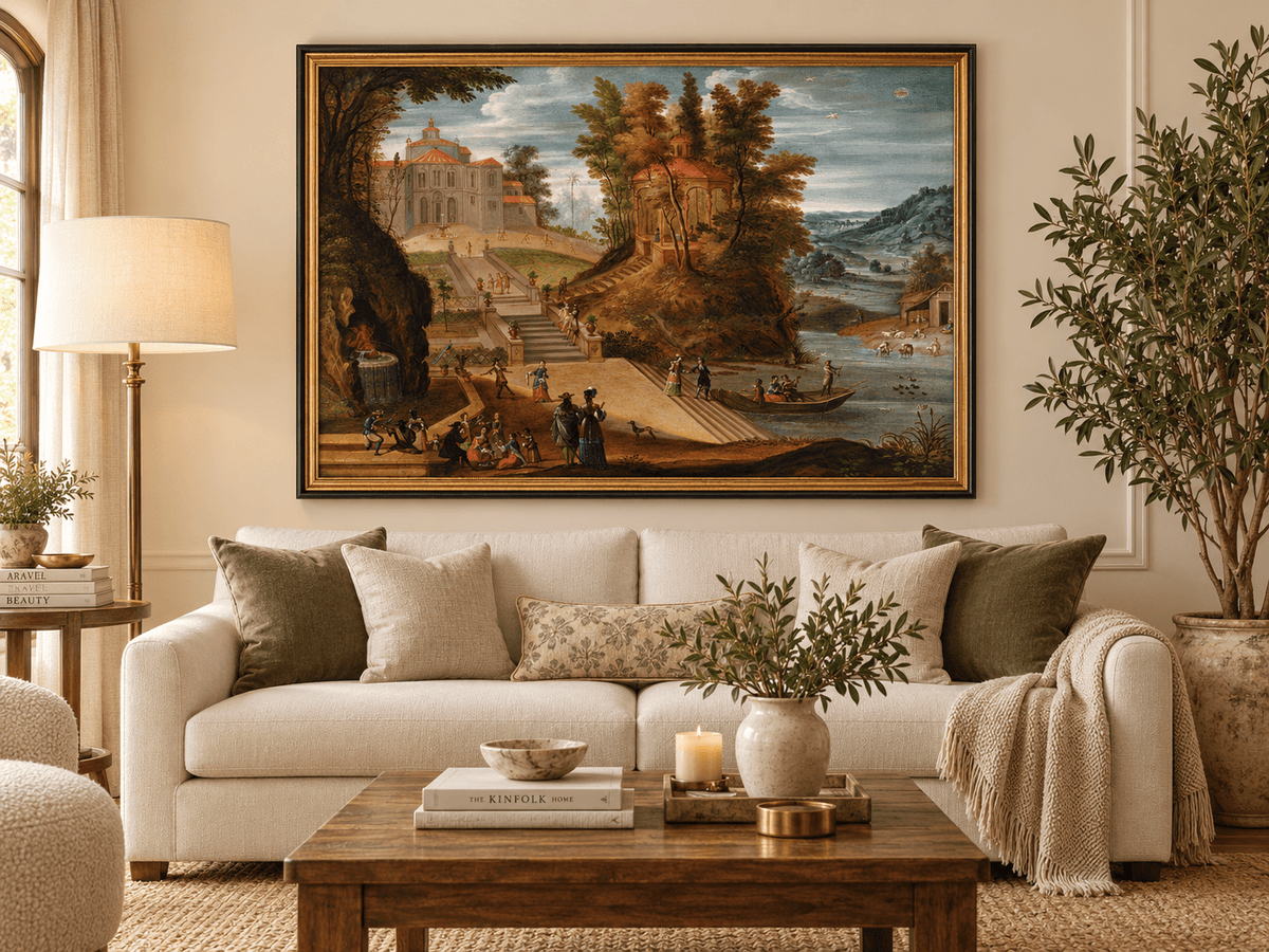 Landscape Oil Painting - Garden Scene with Figures and Pavilion