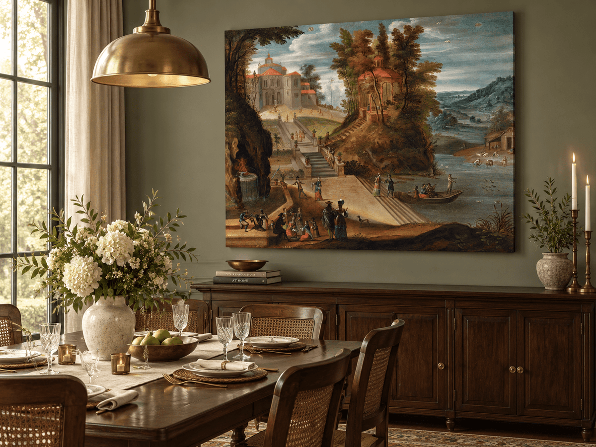 Landscape Oil Painting - Garden Scene with Figures and Pavilion