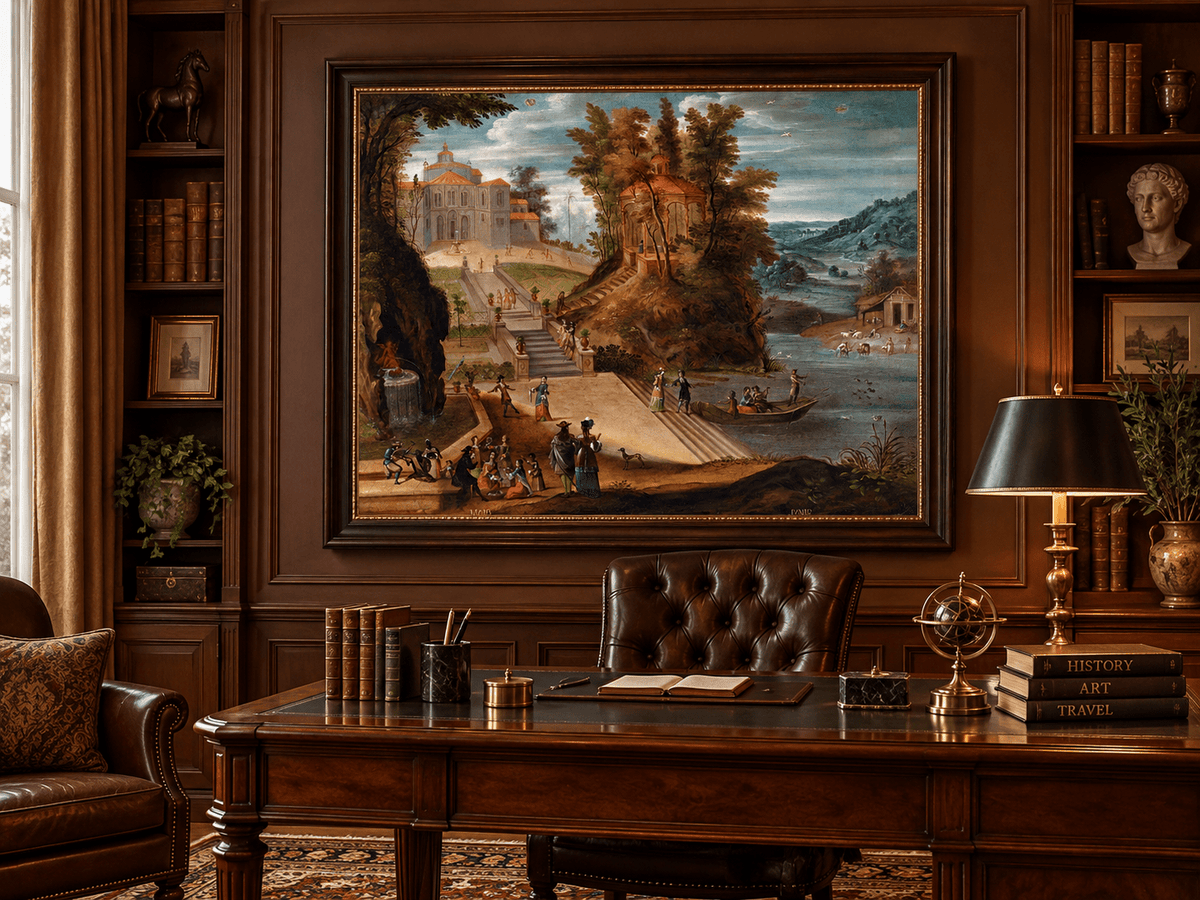 Landscape Oil Painting - Garden Scene with Figures and Pavilion