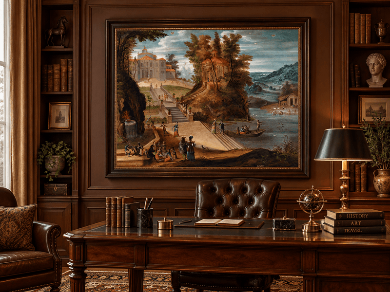 Landscape Oil Painting - Garden Scene with Figures and Pavilion