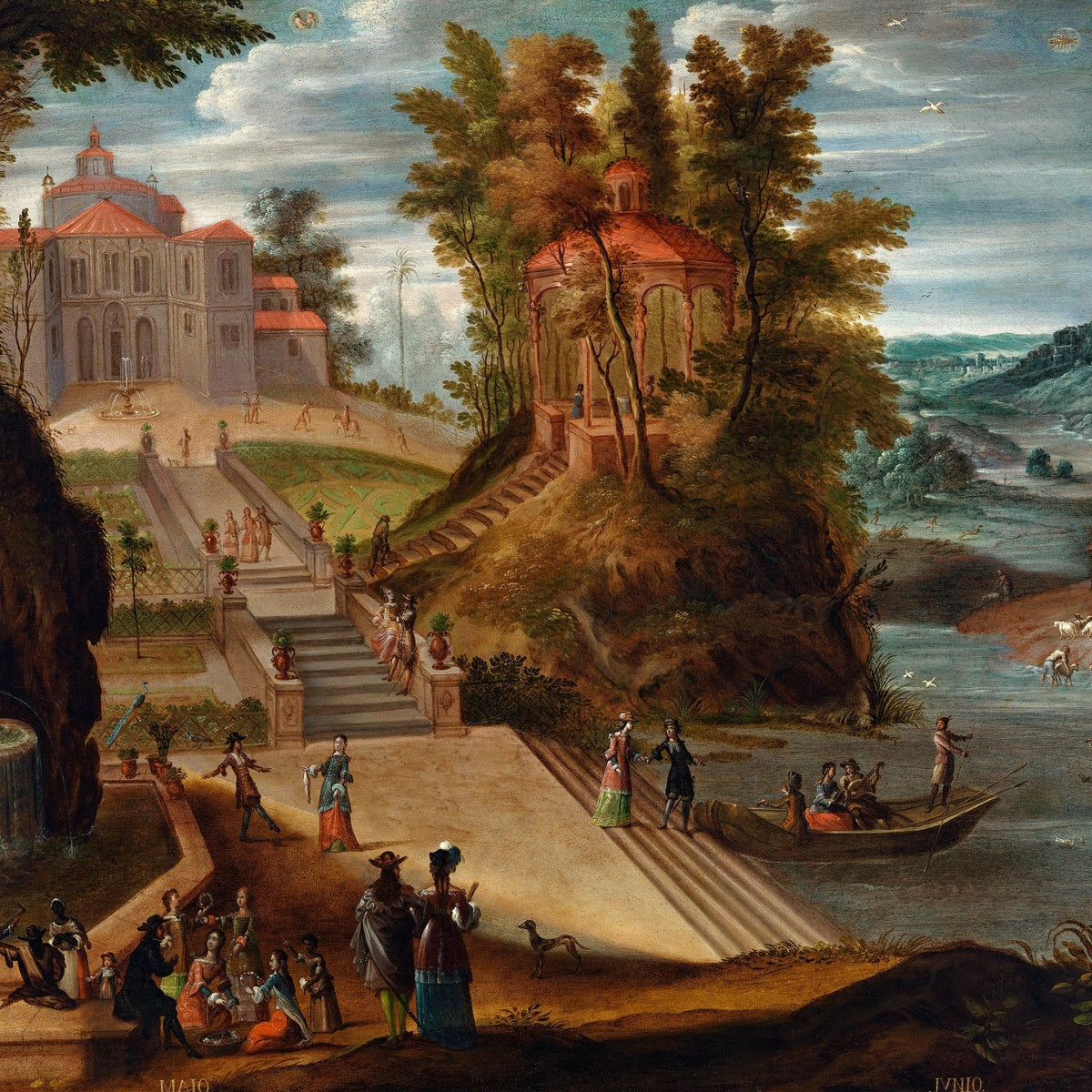 Landscape Oil Painting - Garden Scene with Figures and Pavilion