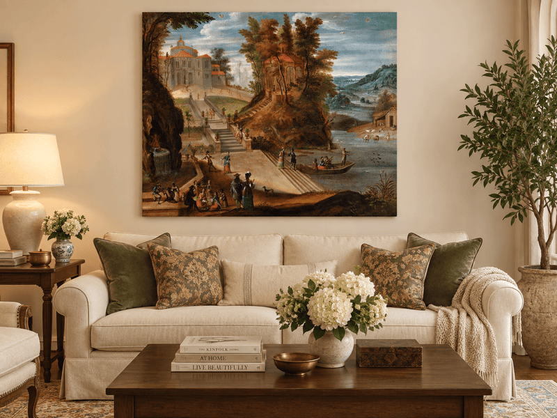 Landscape Oil Painting - Garden Scene with Figures and Pavilion