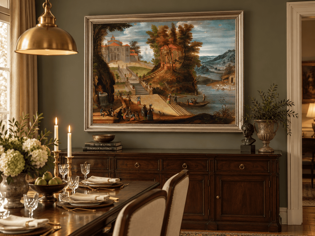 Landscape Oil Painting - Garden Scene with Figures and Pavilion