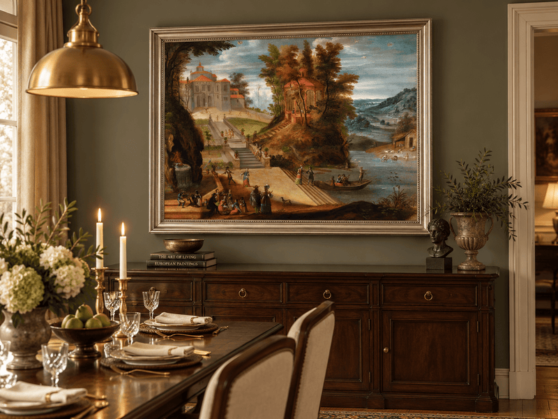 Landscape Oil Painting - Garden Scene with Figures and Pavilion