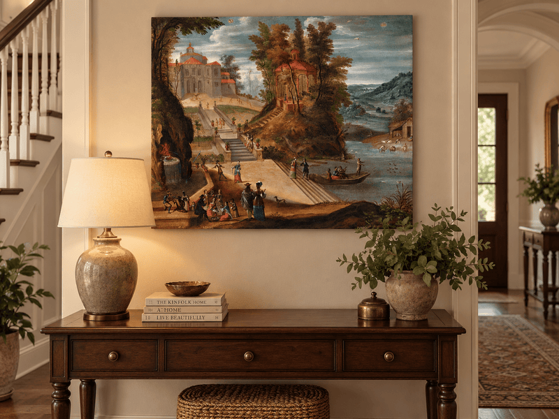 Landscape Oil Painting - Garden Scene with Figures and Pavilion