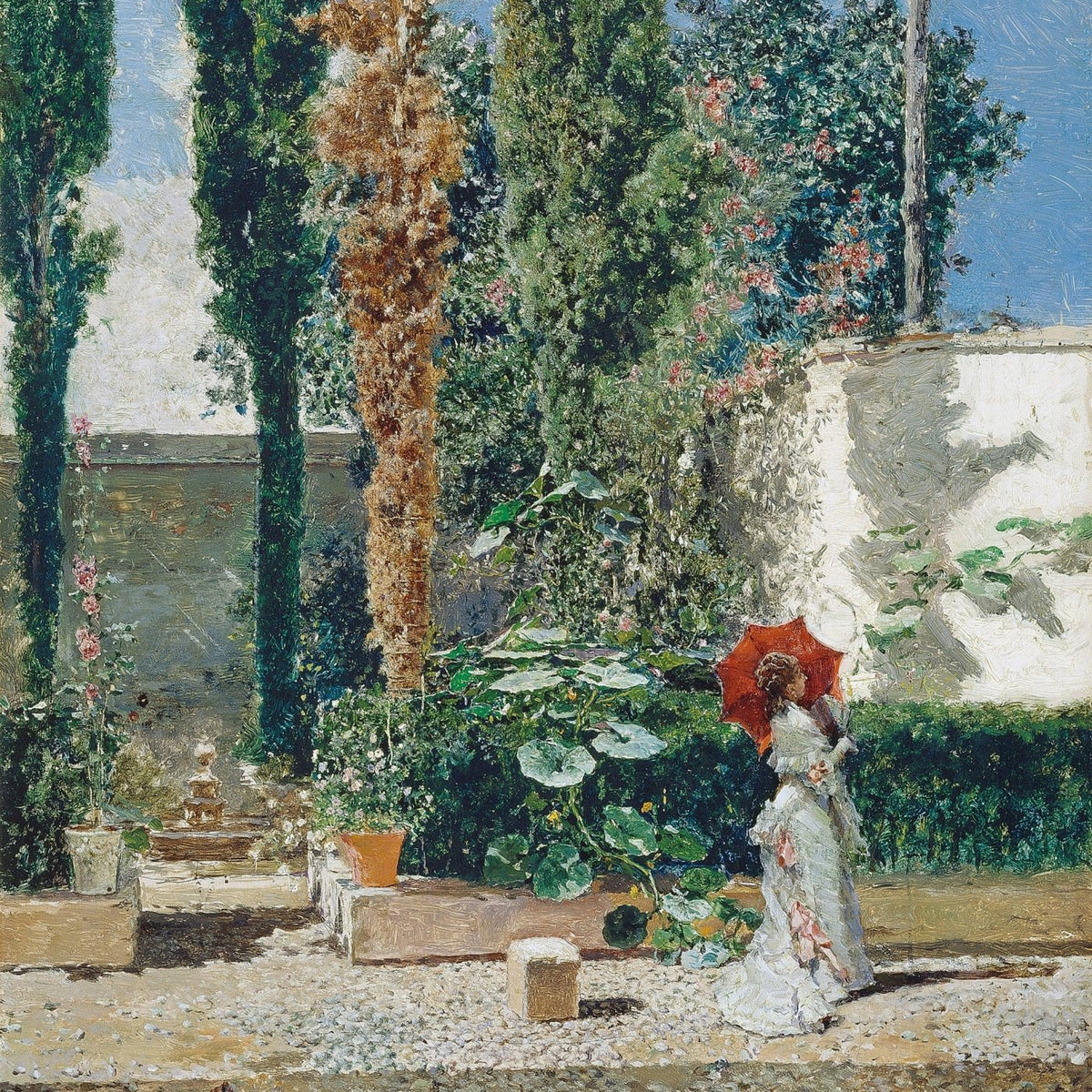 Hand painted oil on canvas landscape oil painting featuring a garden scene with a lady in a white dress and red parasol,. - Add Frame, Canvas, Garden, Hand Painted, Landscape, Made To Order, Oil Painting