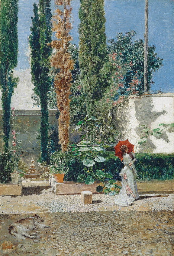 Hand painted oil on canvas landscape oil painting featuring a garden scene with a lady in a white dress and red parasol,. - Add Frame, Canvas, Garden, Hand Painted, Landscape, Made To Order, Oil Painting