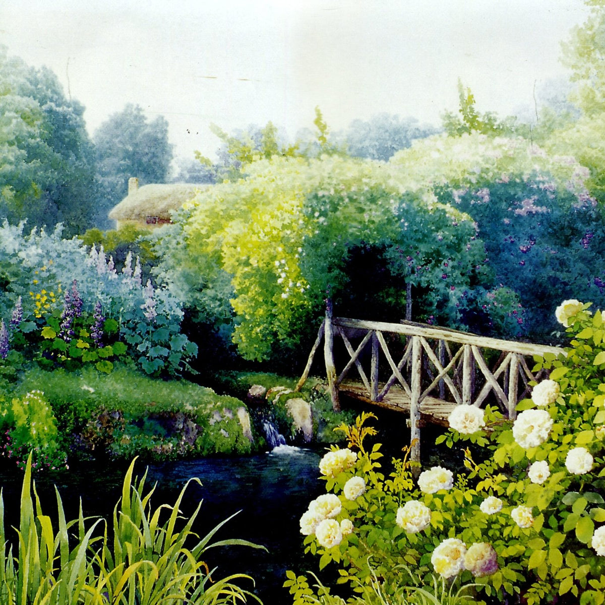 Landscape Oil Painting - Garden stream wooden bridge & pastoral scene - Oil Painting Haven