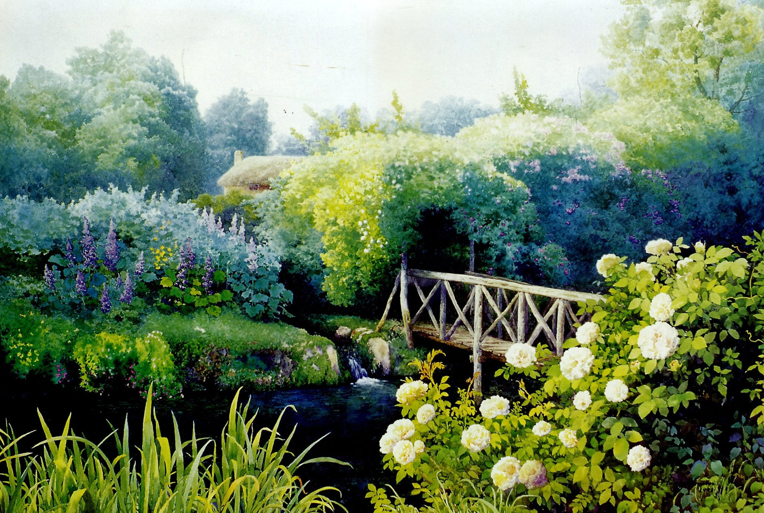 Landscape Oil Painting - Garden stream wooden bridge & pastoral scene - Oil Painting Haven