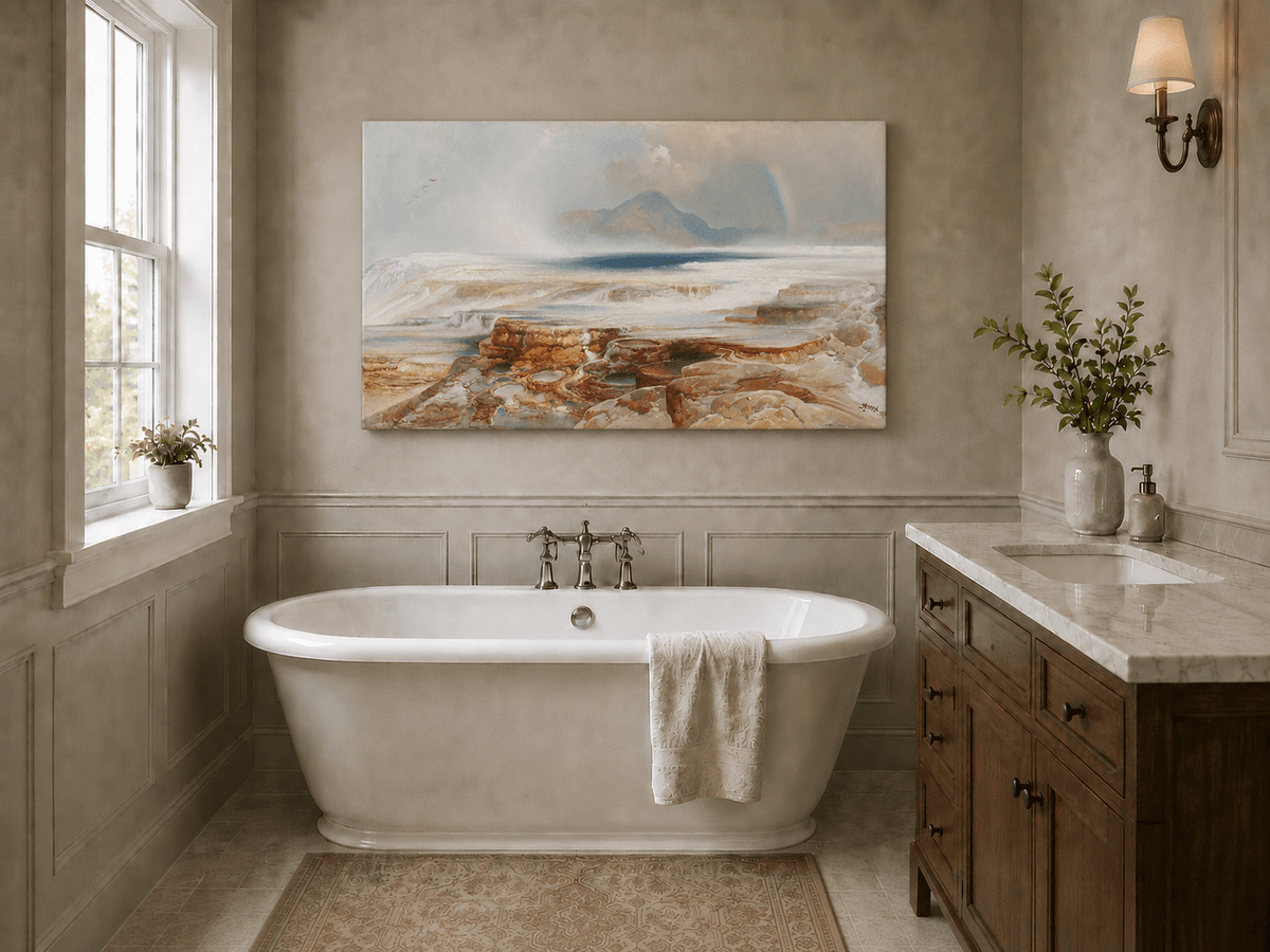 Landscape Oil Painting - Geothermal Terraces Rainbow & Mountain