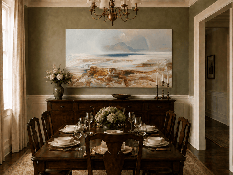 Landscape Oil Painting - Geothermal Terraces Rainbow & Mountain