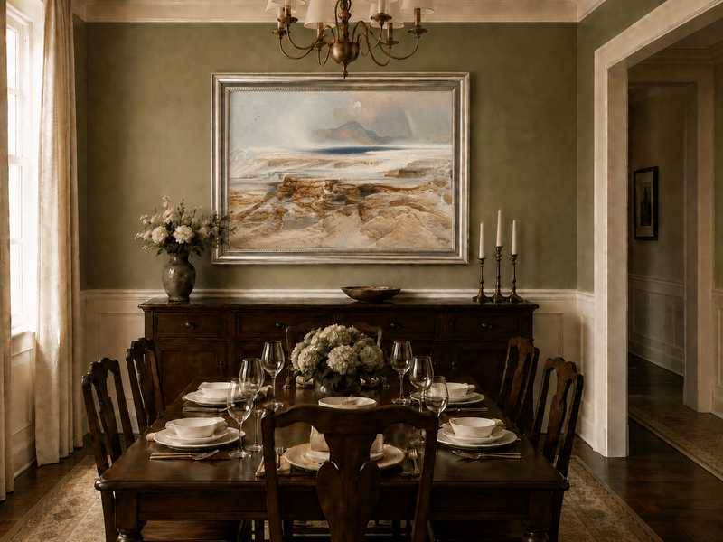 Landscape Oil Painting - Geothermal Terraces Rainbow & Mountain